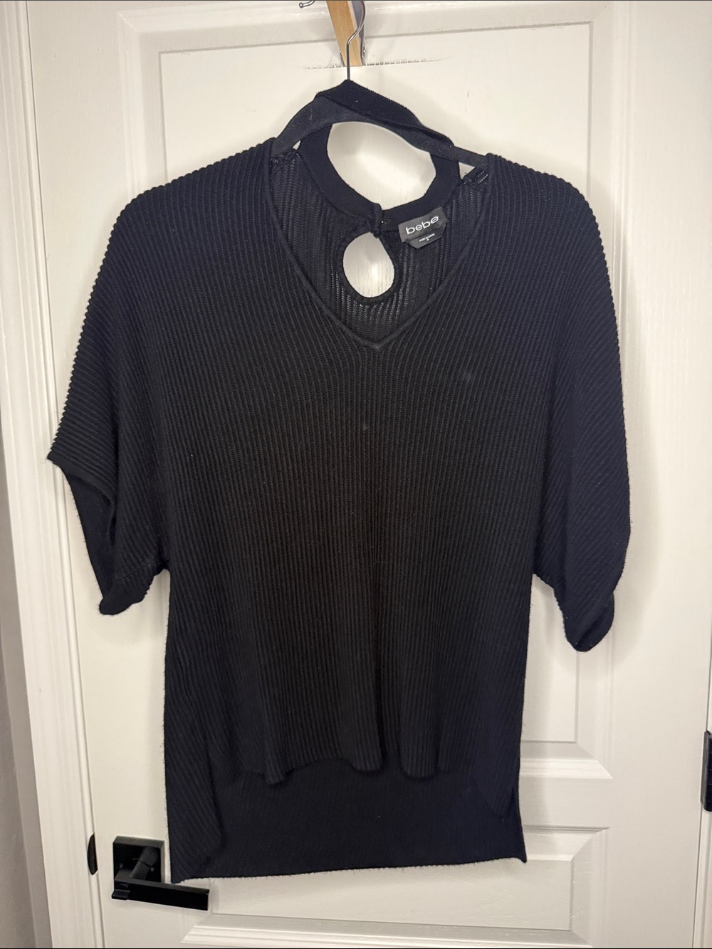 bebe Black Ribbed Short Sleeve Top with Keyhole Neck